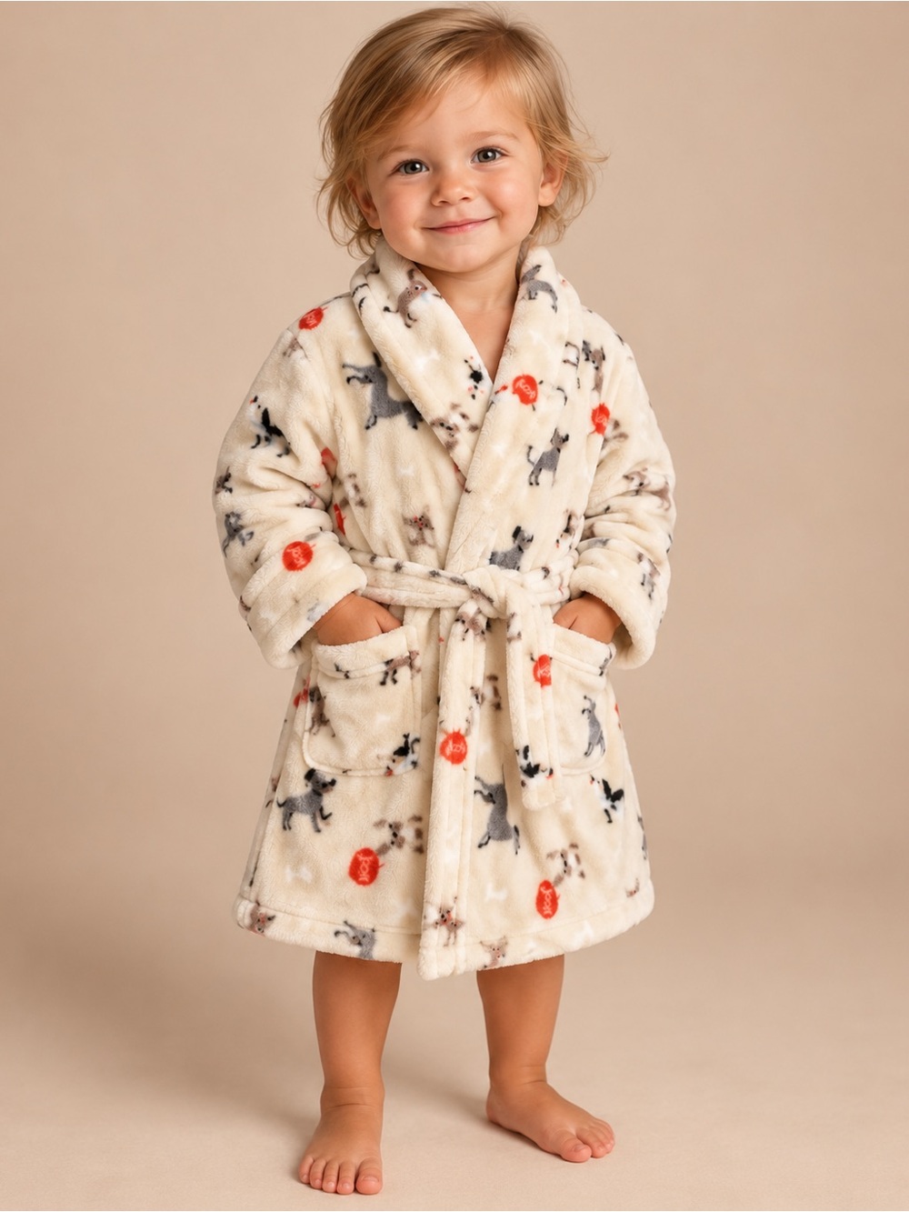 Plush Cream Kids' Robe with Playful Dog Print